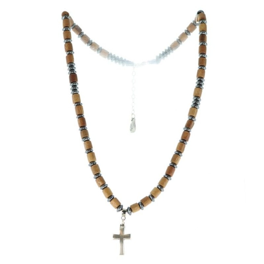 Palais du Rosaire Collier Fantaisie | Collier Avec Perle En Bois Et Hematite Et Pendentif Croix