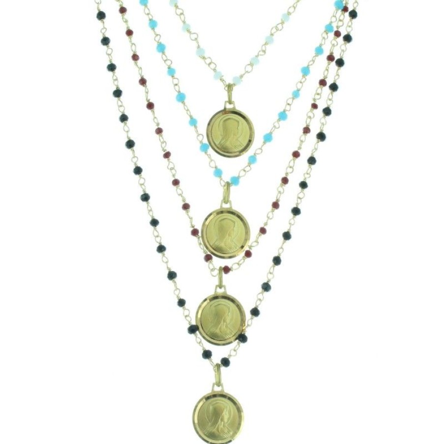 Palais du Rosaire Collier En Plaque Or | Collier En Plaque Or Avec Une Medaille De La Vierge Marie Et Des Perles Colorees
