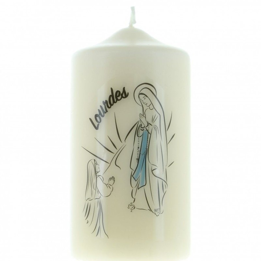 Palais du Rosaire Bougie Decorative | Bougie Ivoire De L'Apparition De Lourdes Blanc Et Bleu 15Cm