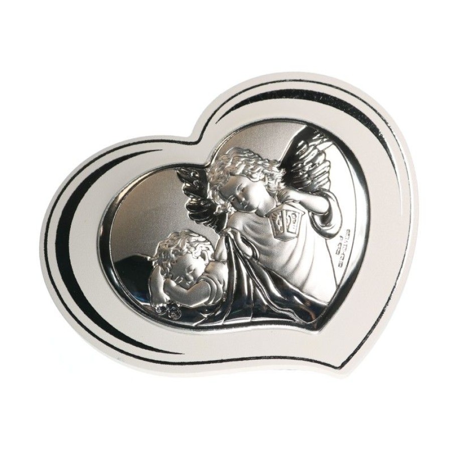 Palais du Rosaire Cadre Religieux | Cadre Coeur Ange Gardien Plaque Argentee Sur Bois 11X8Cm
