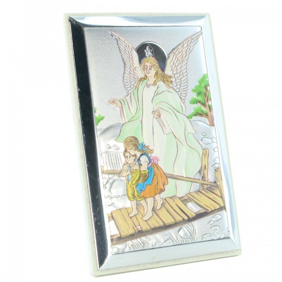 Palais du Rosaire Cadre Religieux | Cadre Rectangle Ange Gardien En Metal Colore Et Bois 6X9Cm